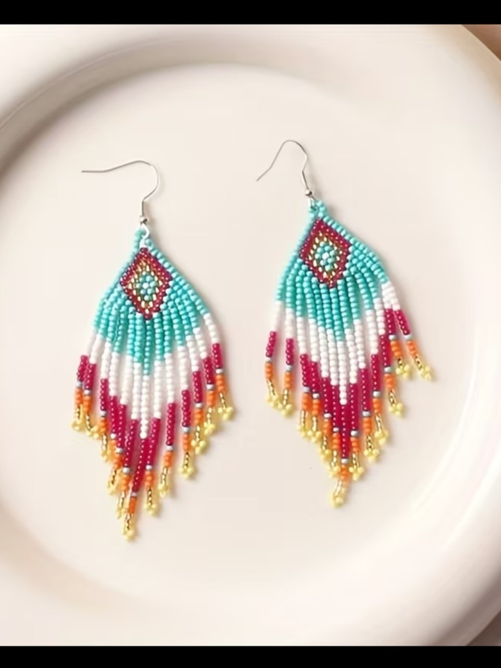Turquoise, White & Pink Beaded Fringe Earrings